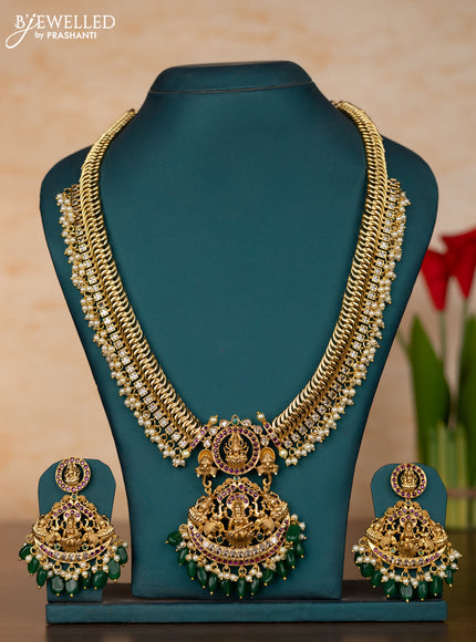 Antique jelabi haaram lakshmi design with kemp and white stones & pearl beads hanging