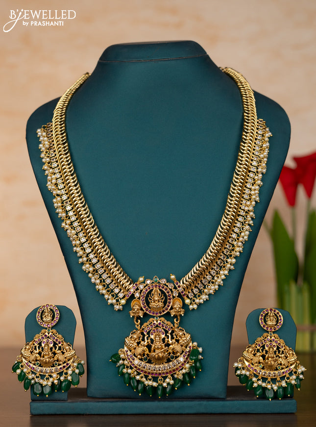 Antique jelabi haaram lakshmi design with kemp and white stones & pearl beads hanging