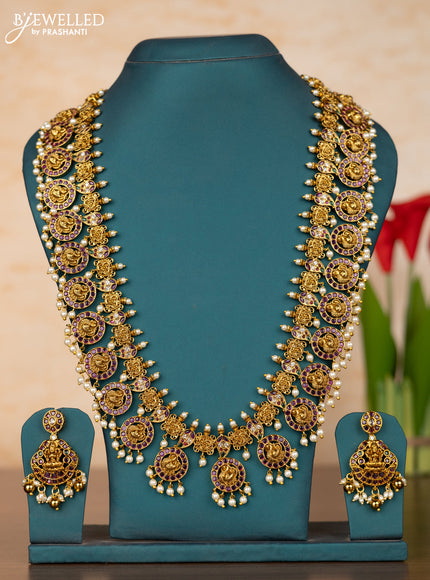Antique bottumala peacock design haaram in kemp stones and pearl hanging
