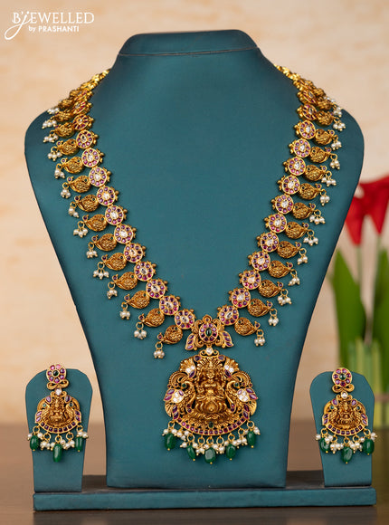 Antique guttapusalu haaram lakshmi design in kemp stones and pearl hanging