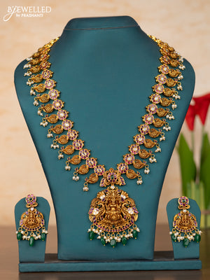 Antique guttapusalu haaram lakshmi design in kemp stones and pearl hanging