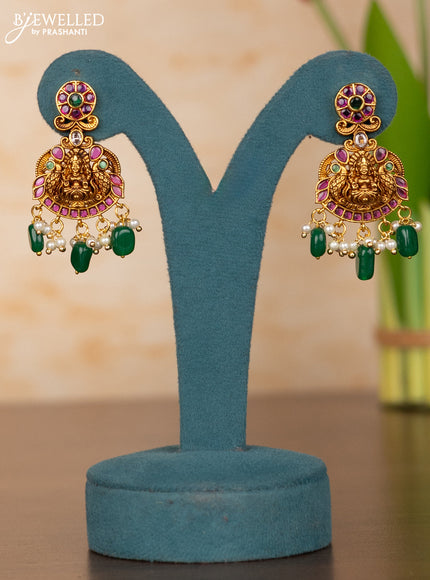 Antique guttapusalu haaram lakshmi design in kemp stones and pearl hanging
