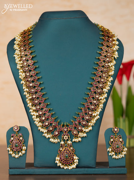 Antique guttapusalu haaram mango design in kemp stones and rice pearl hanging