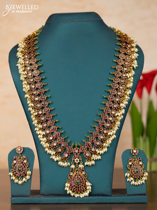Antique guttapusalu haaram mango design in kemp stones and rice pearl hanging