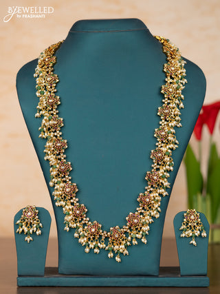 Antique guttapusalu haaram lakshmi design in kemp stones and rice pearl hanging