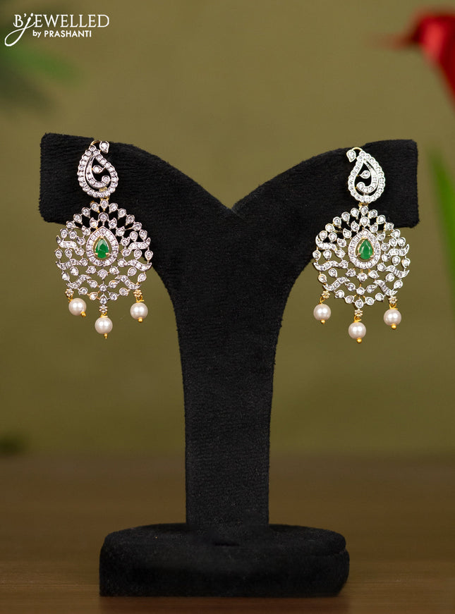 Zircon necklace with emerald & cz stones and pearl hangings in gold finish