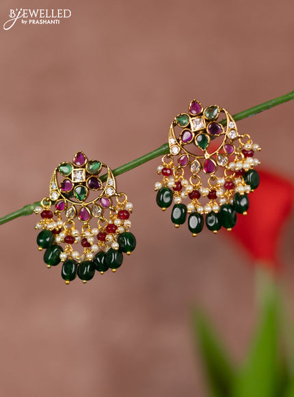 Antique earrings with floral deisgn in kemp stones and green beads hanging