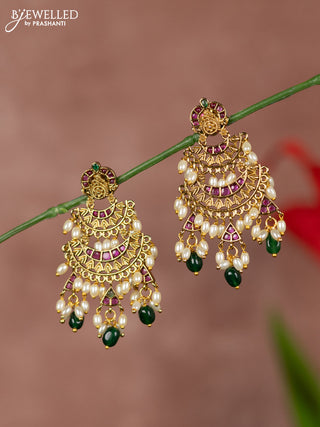 Antique earrings with two step model in kemp stones and green beads & rice pearl hanging