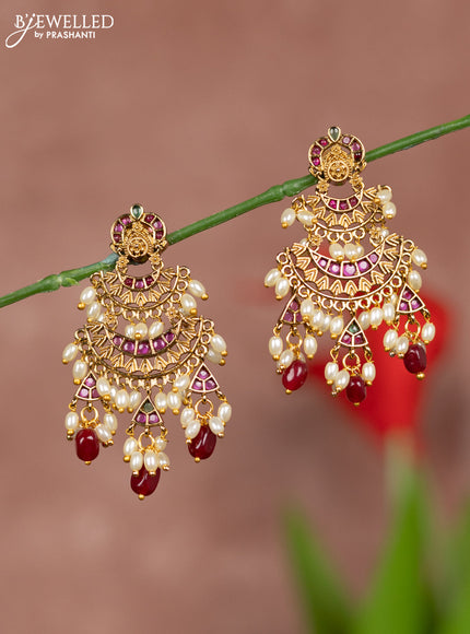 Antique earrings with two step model in kemp stones and maroon beads & rice pearl hanging
