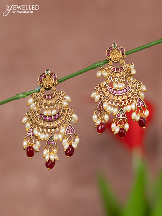 Antique earrings with two step model in kemp stones and maroon beads & rice pearl hanging