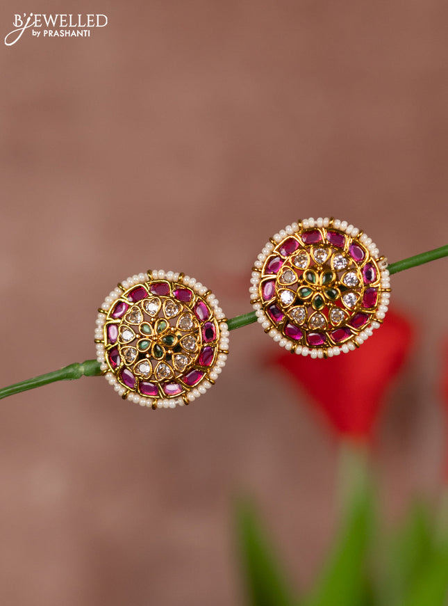 Antique earring big size circle floral design in kemp stones and white beads