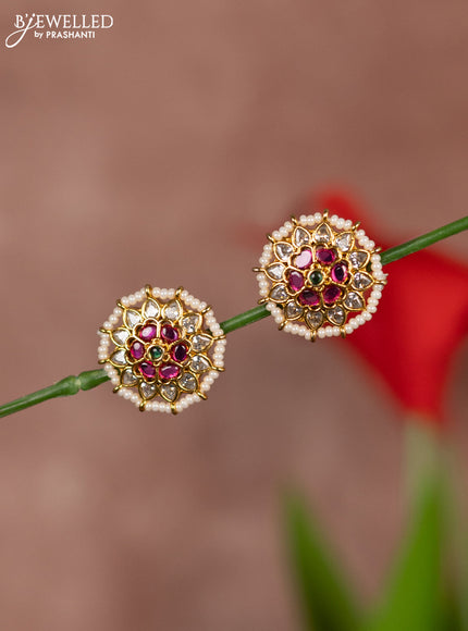 Antique earring medium size circle floral design in kemp stones and white beads