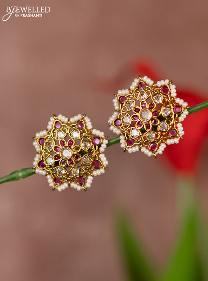 Antique earring star design in red kemp & white stones and white beads