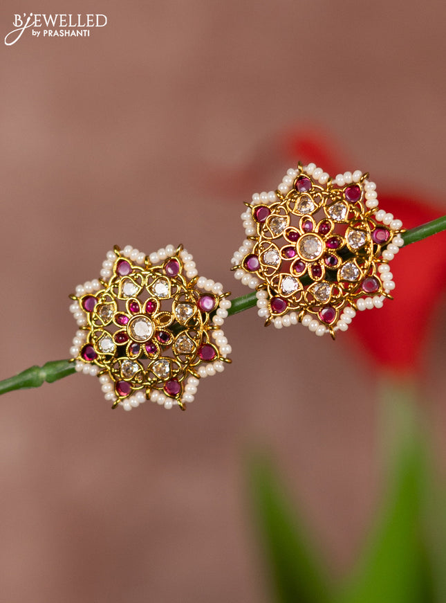 Antique earring star design in red kemp & white stones and white beads