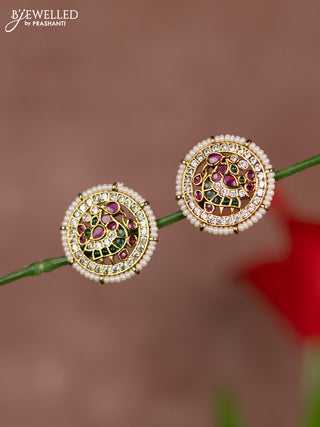 Antique earring peacock design in muticolor kemp stones and white beads