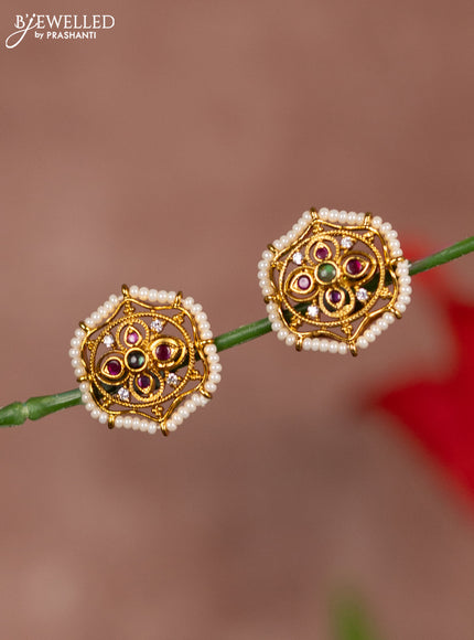 Antique earring floral design in multicolor kemp stones and white beads