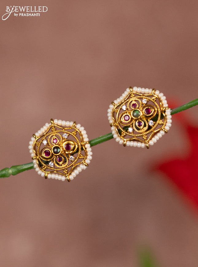 Antique earring floral design in multicolor kemp stones and white beads