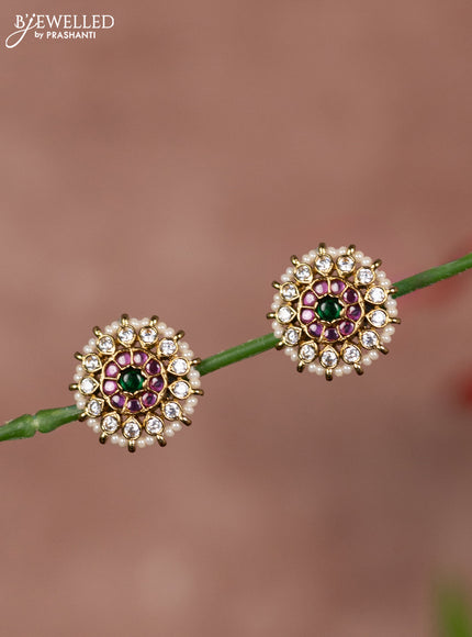 Antique earring floral design in multicolor kemp stones and white beads