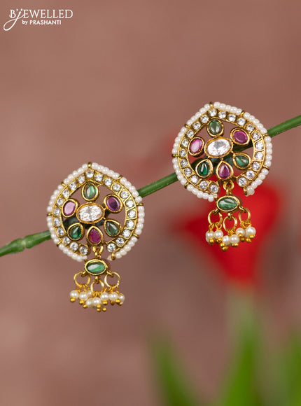Antique earring floral design in multicolor kemp & white stones and white beads