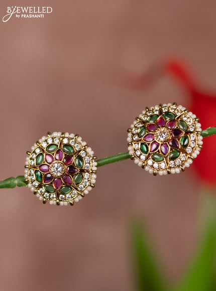 Antique earring floral design in multicolor kemp & white stones and white beads