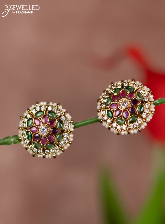 Antique earring floral design in multicolor kemp & white stones and white beads