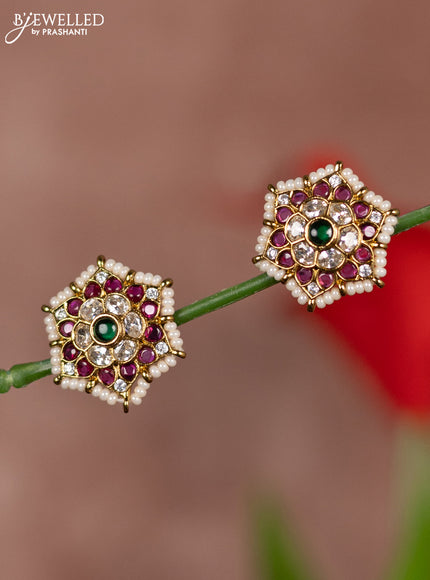 Antique earring floral design in multicolor kemp & white stones and white beads