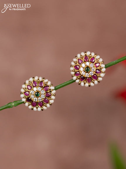 Antique earring floral design in multicolor kemp & white stones and white beads