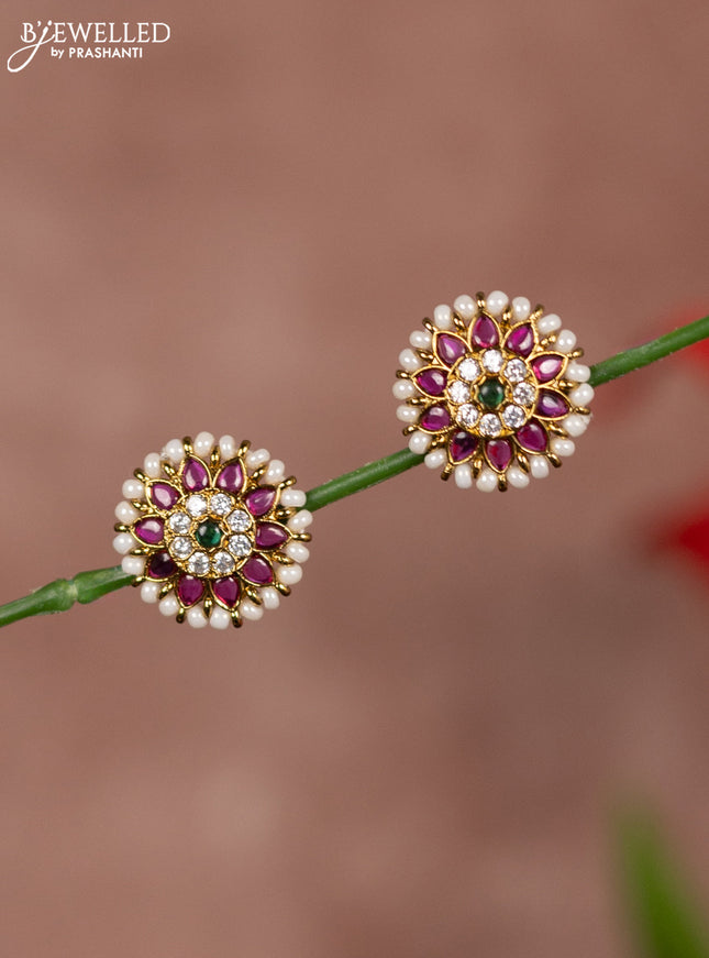 Antique earring floral design in multicolor kemp & white stones and white beads
