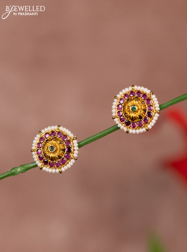 Antique earring floral design in multicolor kemp stones and white beads