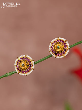 Antique earring floral design in multicolor kemp stones and white beads