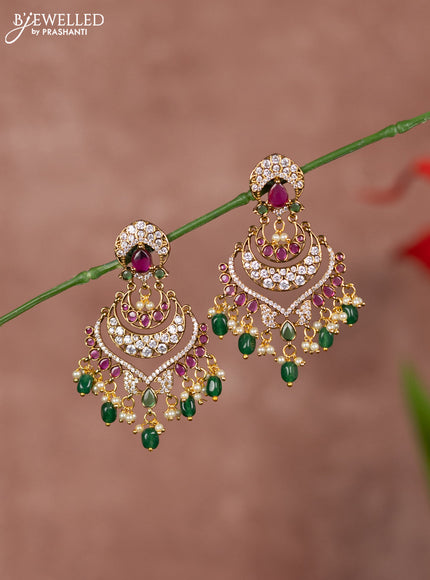 Antique earring chandbali type with kemp and white stones and green beads hanging