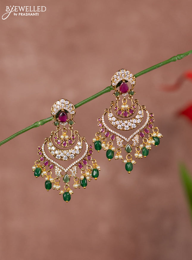 Antique earring chandbali type with kemp and white stones and green beads hanging