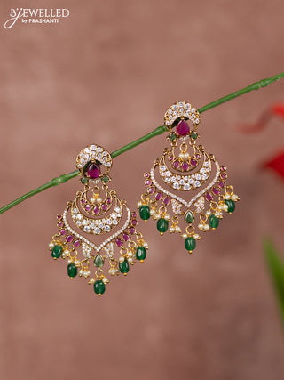 Antique earring chandbali type with kemp and white stones and green beads hanging