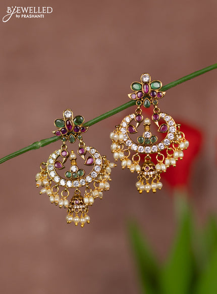 Antique earring floral design in multicolor kemp & white stones and rice pearl hanging