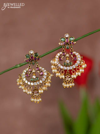 Antique earring floral design in multicolor kemp & white stones and rice pearl hanging