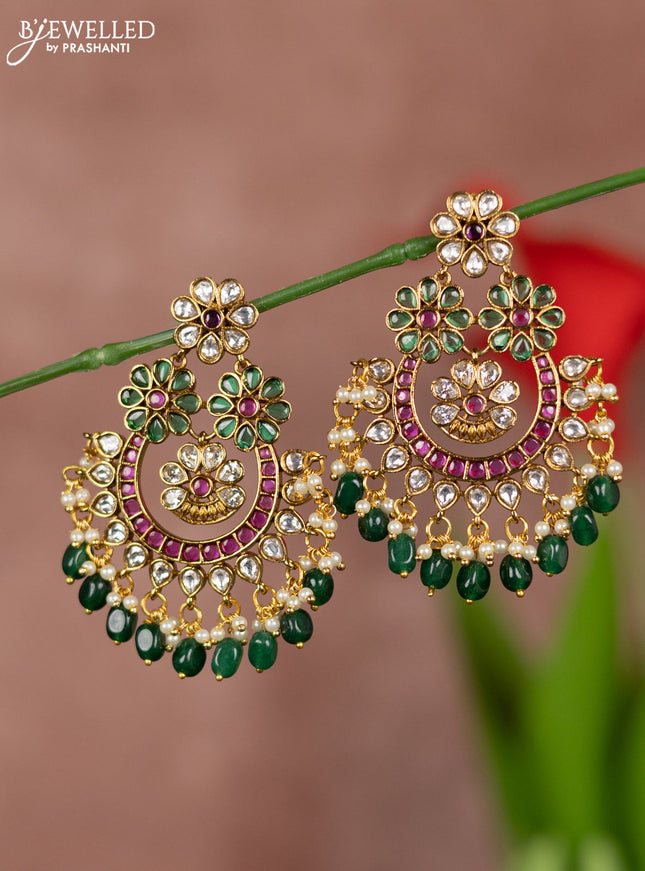 Antique earring floral chandbali type design in multicolor kemp & white stones and green beads hanging