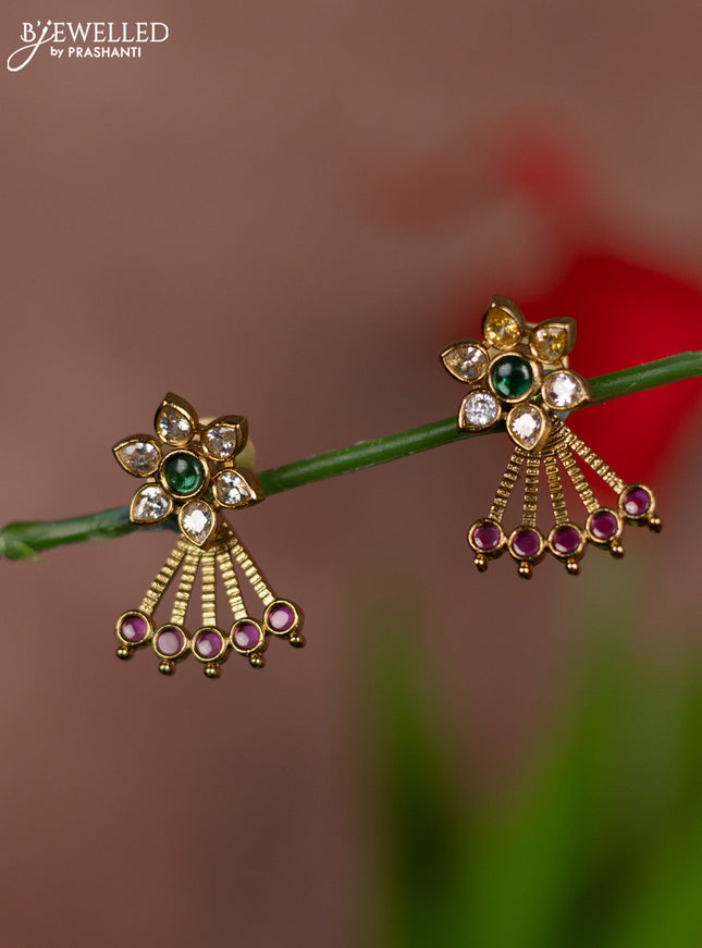 Antique earring floral design in multicolor kemp and white stones with removable bottom