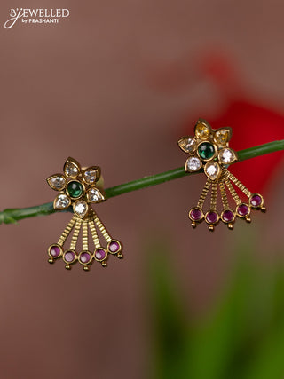 Antique earring floral design in multicolor kemp and white stones with removable bottom