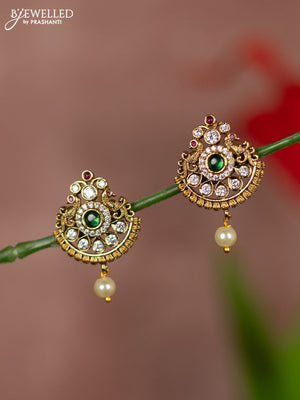 Antique earrings with double peacock deisgn in kemp and white stones & pearl hanging