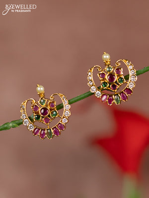 Antique earring floral chandbali design in multicolor kemp & white stones