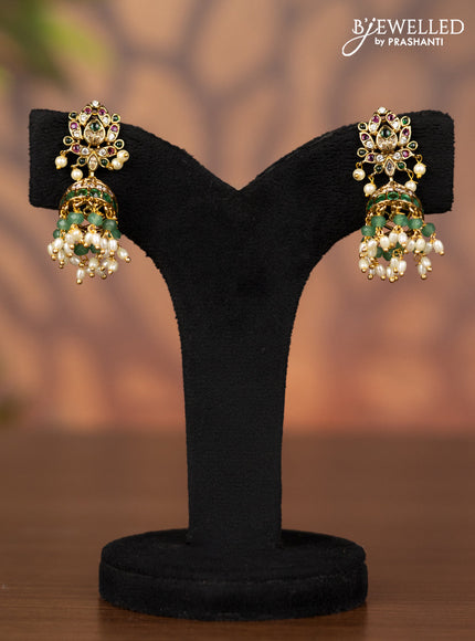 Antique jhumka with kemp & cz stones and pearl hangings
