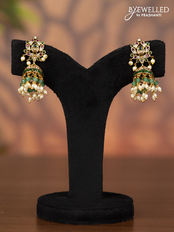 Antique jhumka with kemp & cz stones and pearl hangings