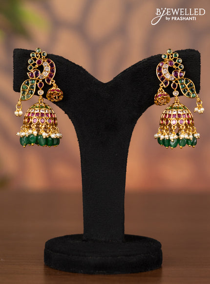 Antique jhumka peacock design with kemp & cz stones and pearl & green beads hangings