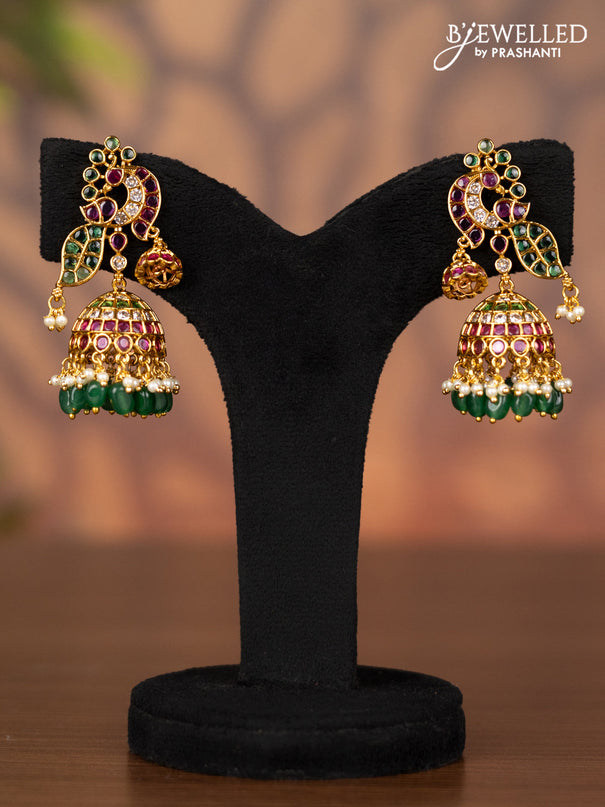 Antique jhumka peacock design with kemp & cz stones and pearl & green beads hangings