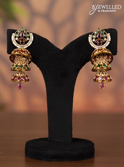 Antique triple layer jhumka with kemp & cz stones and hanging