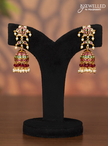 Antique jhumka with kemp & cz stones and pearl & pink beads hangings