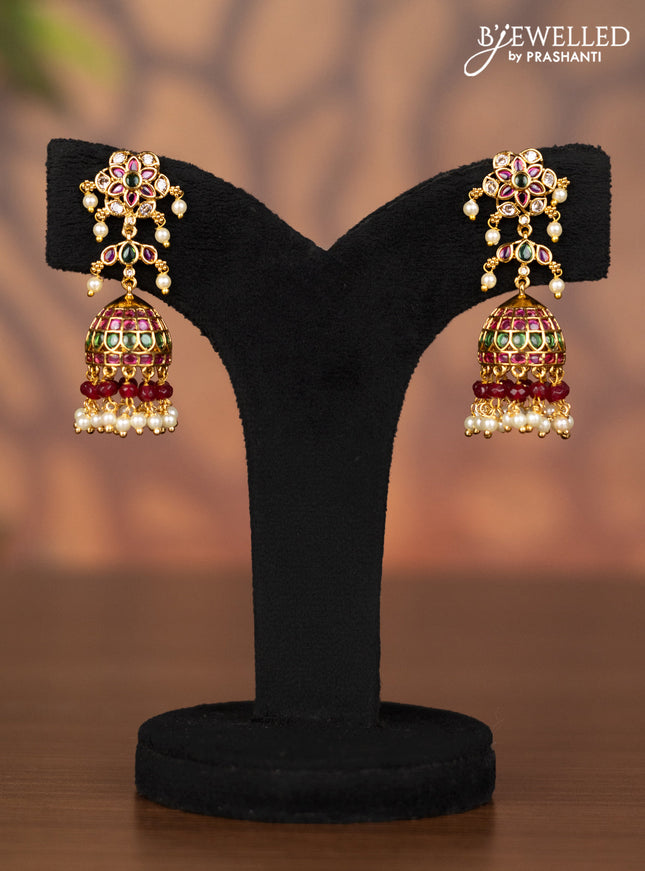 Antique jhumka with kemp & cz stones and pearl & pink beads hangings