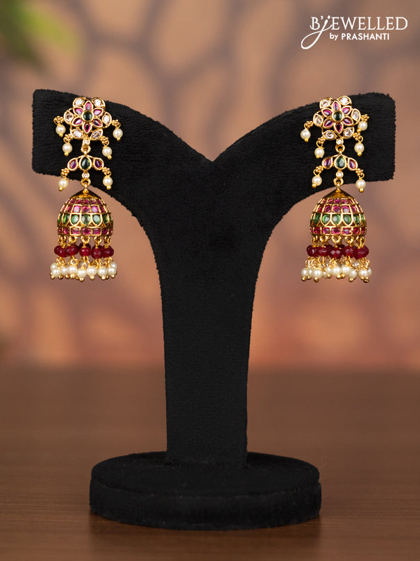 Antique jhumka with kemp & cz stones and pearl & pink beads hangings