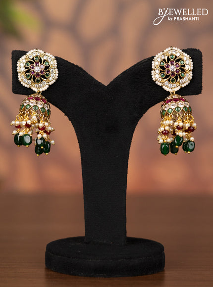 Antique jhumka with kemp & cz stones and pearl & green beads hangings