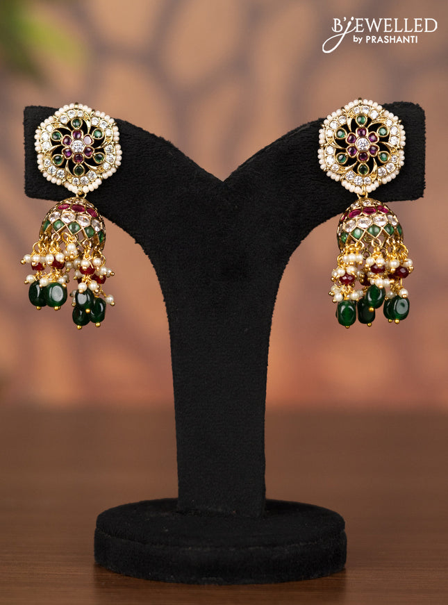Antique jhumka with kemp & cz stones and pearl & green beads hangings